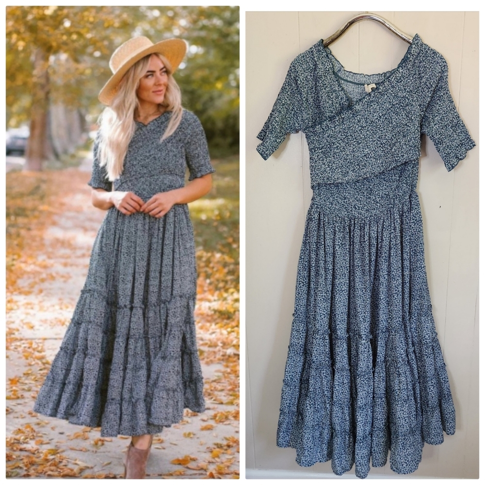 Orange Creek modest midi dress smocked crisscross top tiered skirt teal L